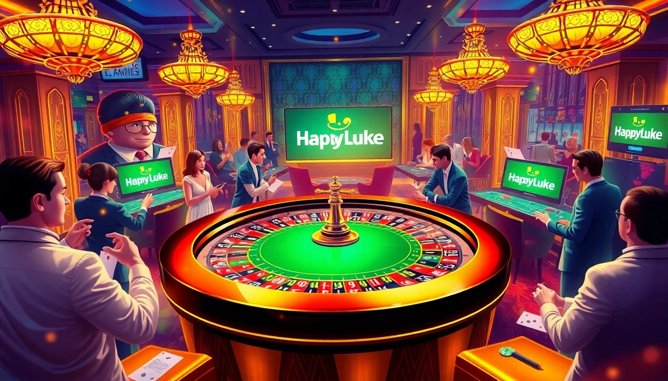 Players joyfully engaging at HappyLuke Casino's elegant roulette table.