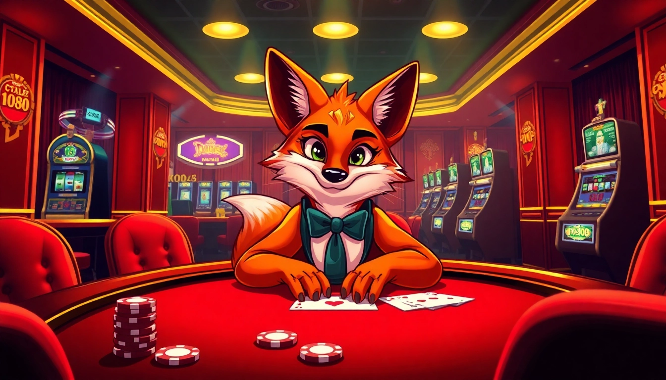 Fox888's stunning fox character engaging in an exciting poker game, exuding luxury and thrill.