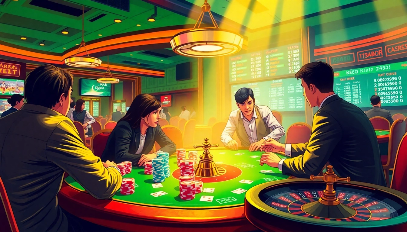 Engaged players analyzing kèo nhà cái while playing poker at a vibrant casino table.