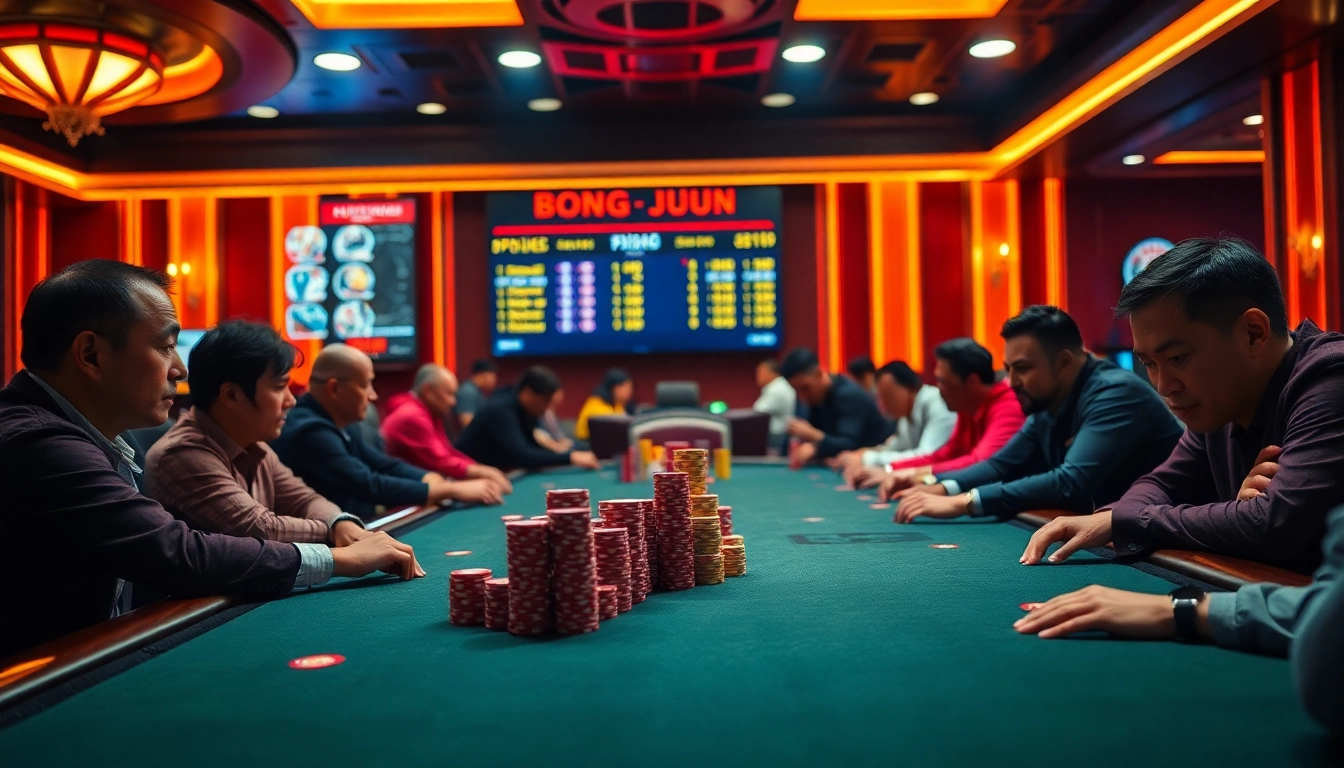Engaging poker table scene showcasing 'bong da lu fun' with players and vibrant chips.