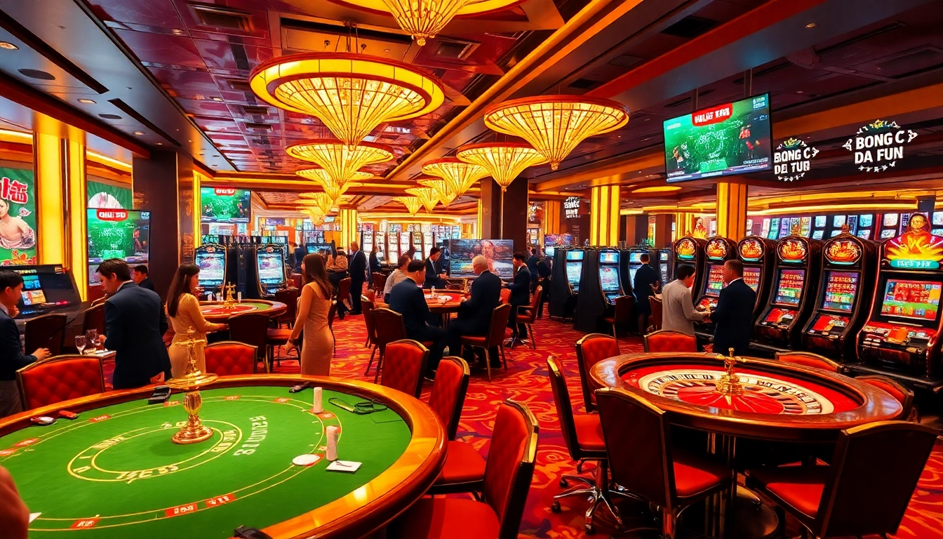 Players enjoy a thrilling moment playing poker and watching Bong Da Lu Fun football scores on vibrant casino floor.