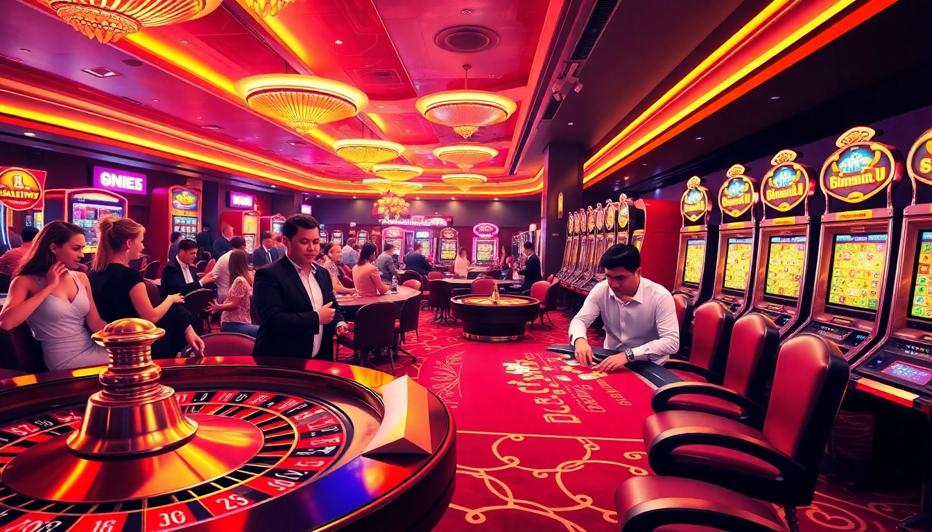 rr88 đăng nhập to experience a thrilling casino atmosphere with poker games, lively slot machines, and a roulette table filled with excited players.