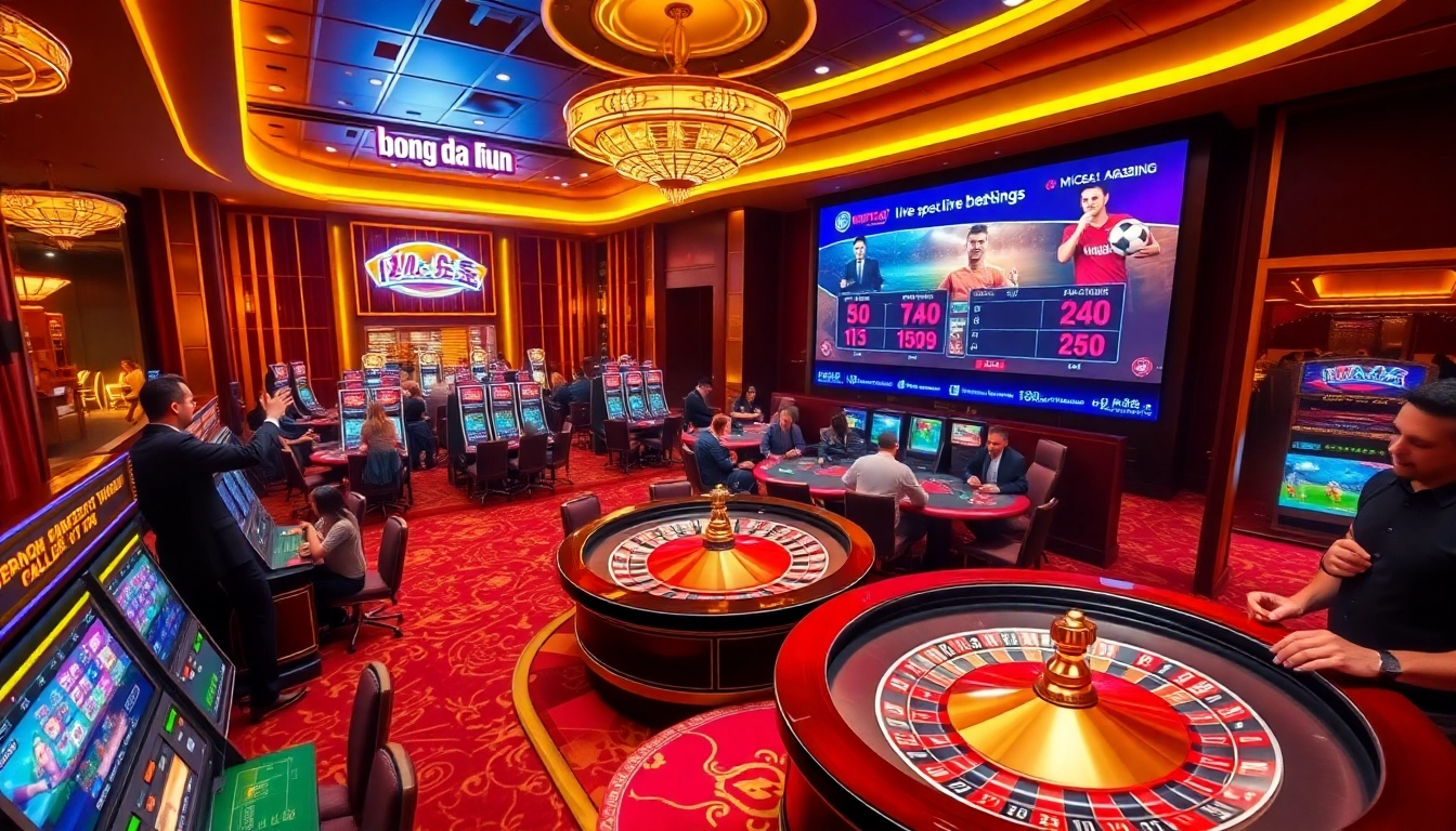 Experience the thrill of gambling with bong da lu fun showcased in a bustling casino atmosphere featuring happy players at poker tables and vibrant slots.