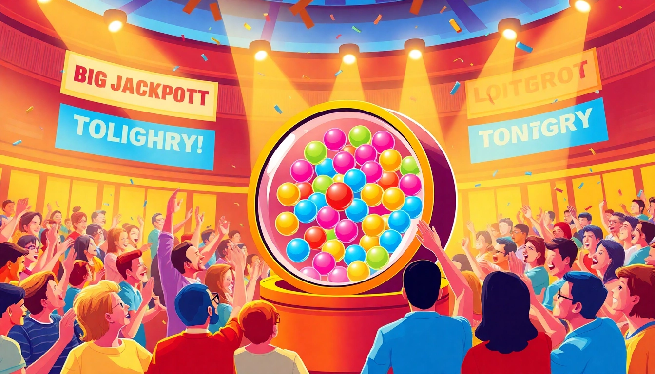 Participants celebrate the excitement of a lottery drawing with colorful lights and confetti.