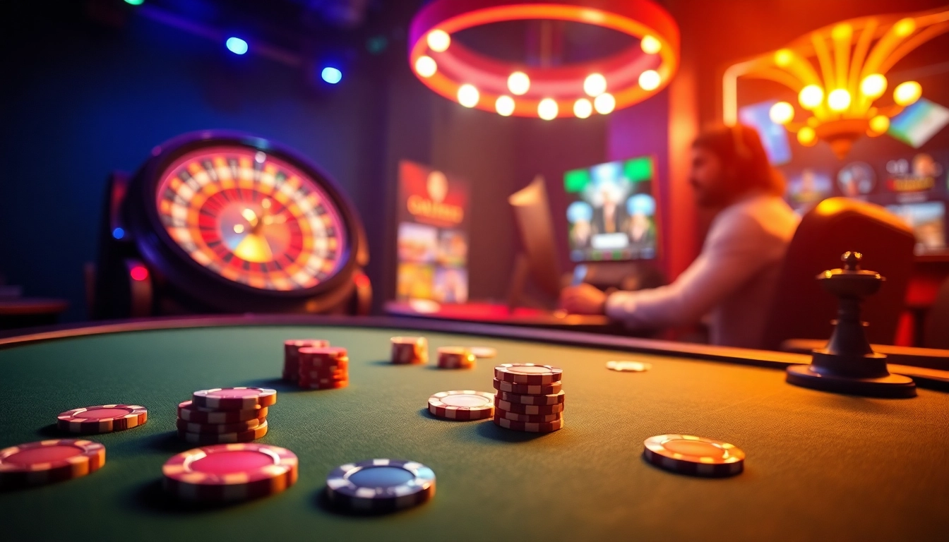 Experience thrilling gaming action at https://68gamebai.download/ with vibrant poker tables and roulette wheels.