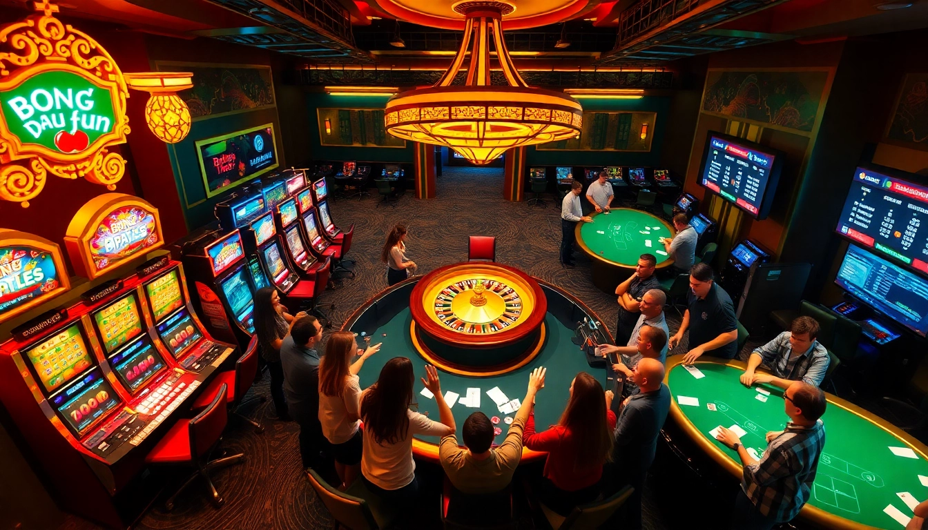 Exciting casino scene showcasing players engaged in "bong da lu fun" at a blackjack table, highlighting the thrill of gambling.
