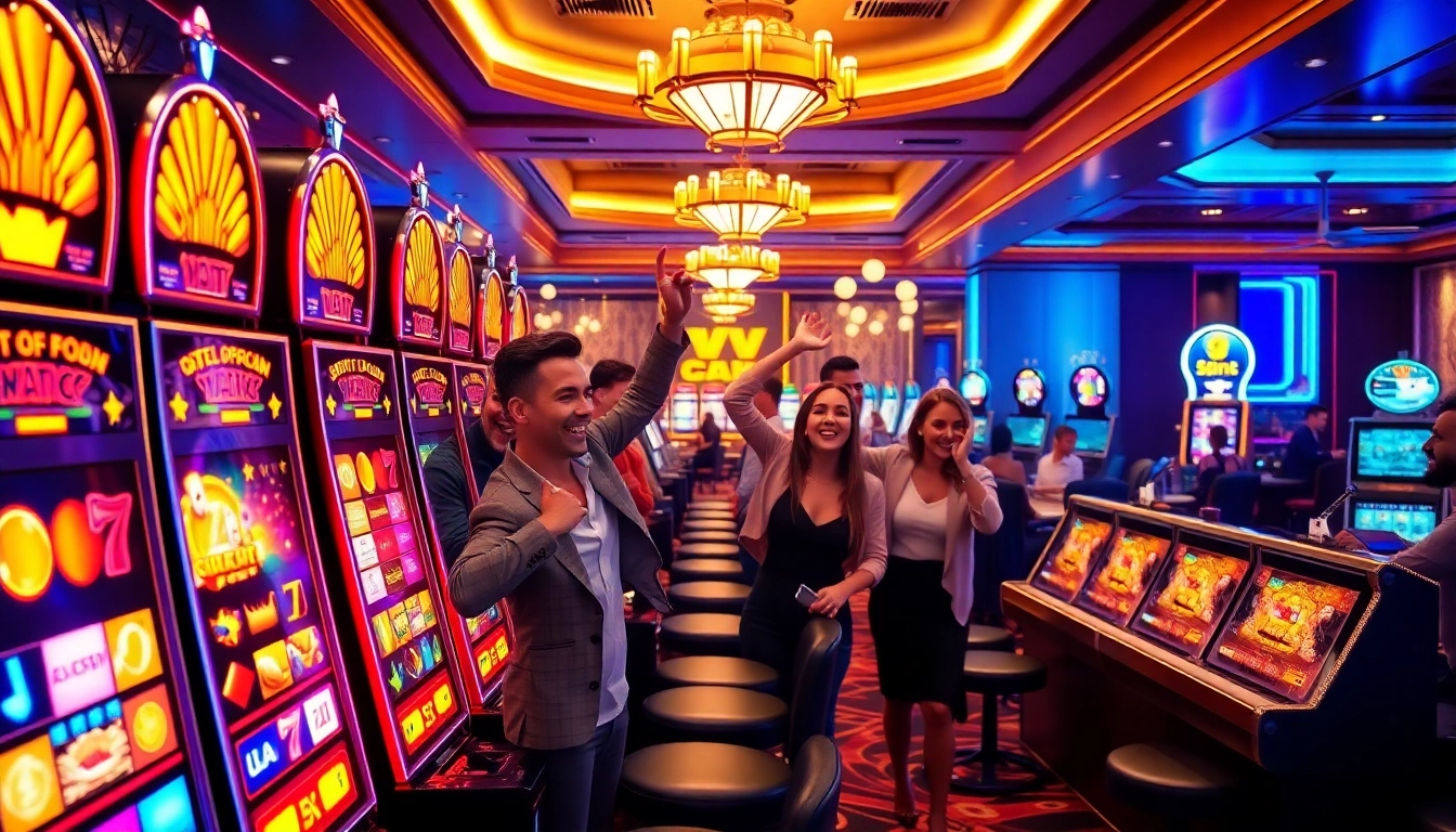 Experience the thrill of GemBet Online Casino with vibrant slot machines and excited players.