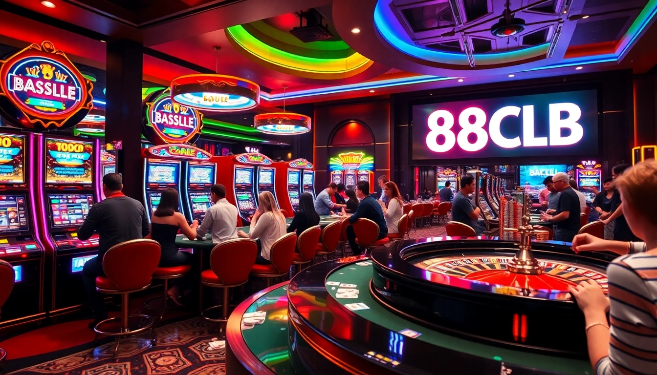 Experience 88CLB excitement at a vibrant casino, featuring roulette and slot machines bustling with players.