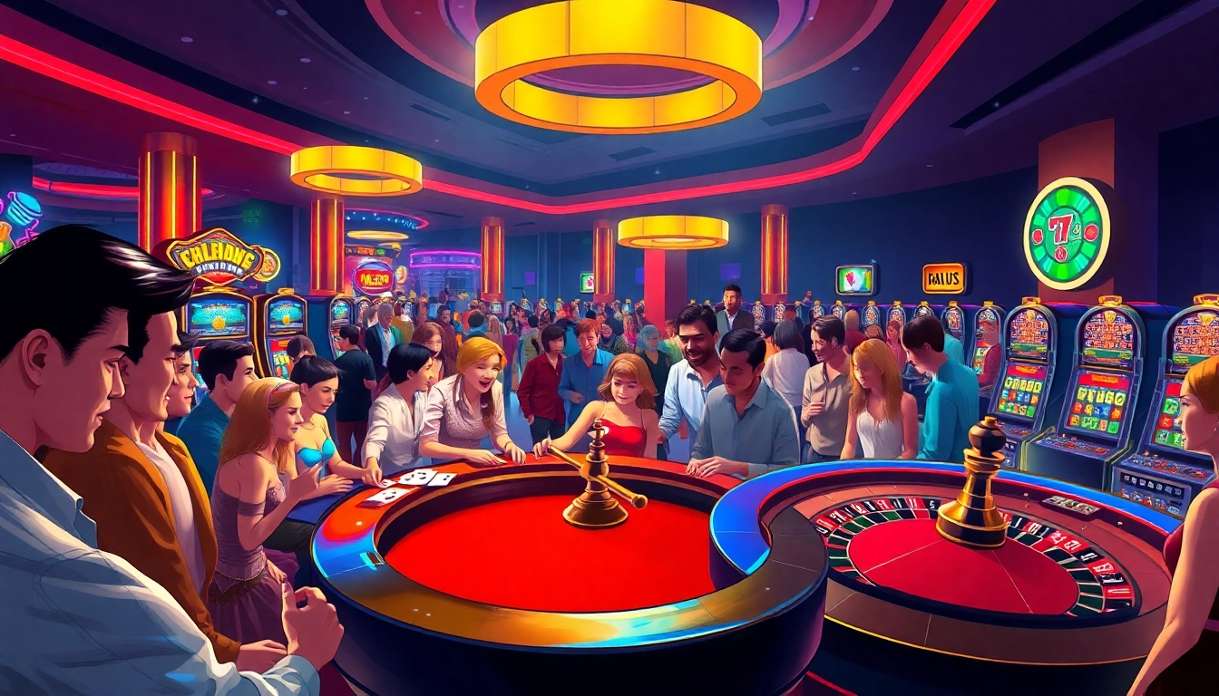Experience the thrill of gaming at bet88, where players enjoy vibrant casino tables and exciting slot machines.