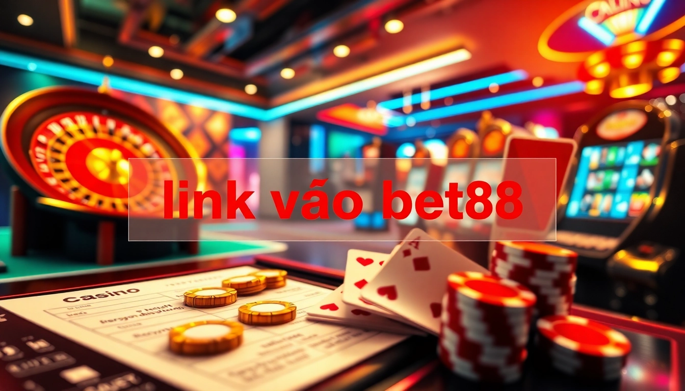 Link vào bet88 displayed on a luxurious online casino interface featuring vibrant games like roulette and poker.