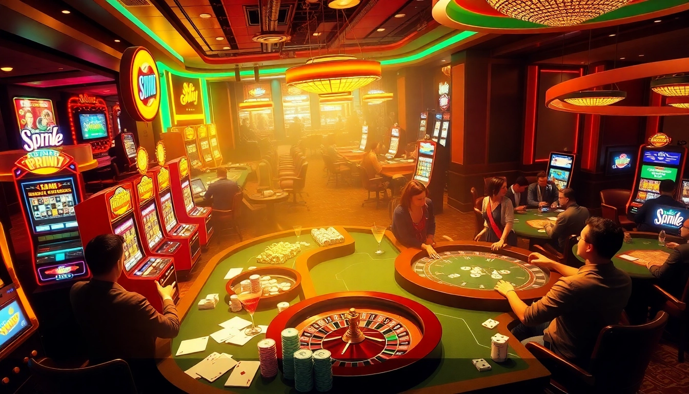 Experience the thrill at rr88 casino with players engaging in poker, slot machines buzzing, and roulette excitement.