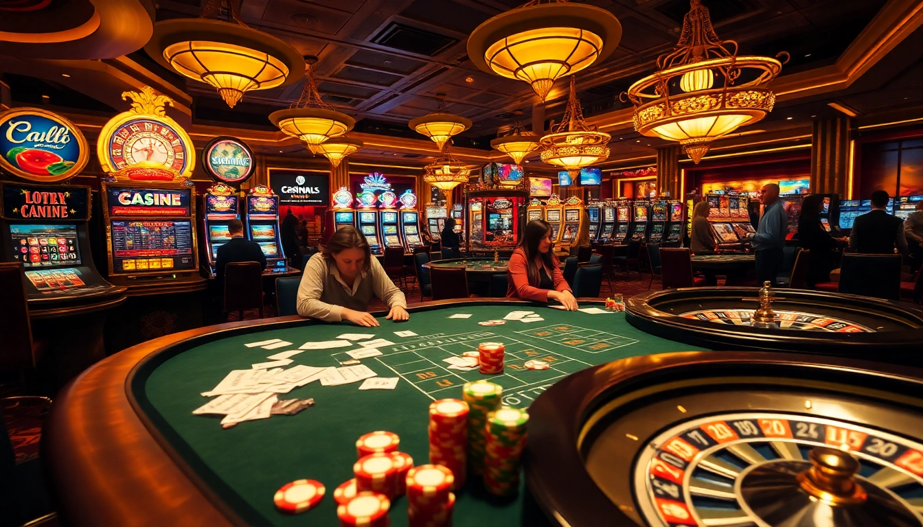 Intense poker game at a lavish casino, showcasing 토토 사이트 excitement with gleaming chips and vibrant slot machines.