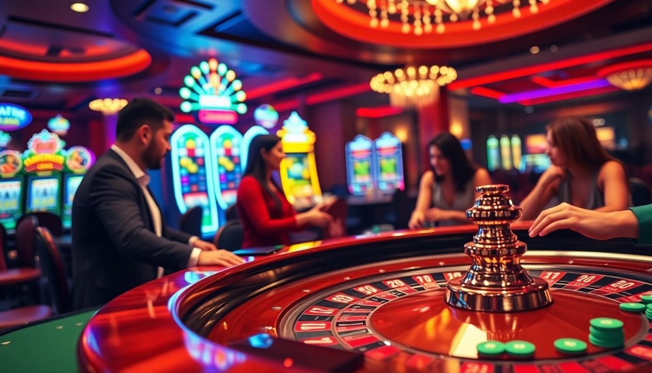 Players enjoying a vibrant mega888 gaming experience at a roulette table, surrounded by thrilling slot machines.