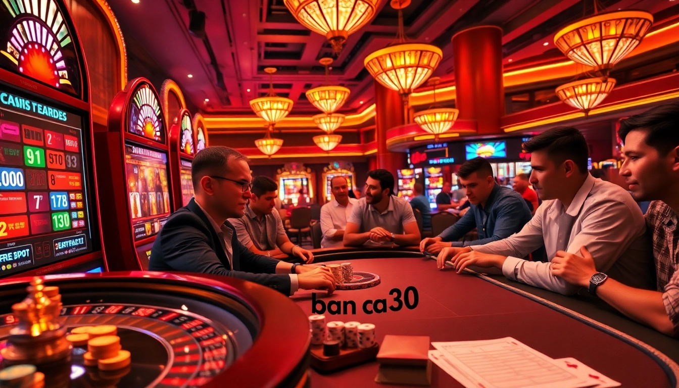 A lively casino scene displaying excitement with players at the poker table and vibrant slot machines, illustrating the thrill of gambling with the concept 'ban ca 30'.