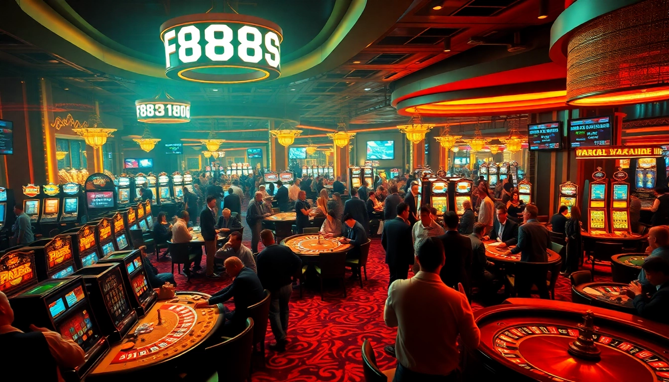 Experience the excitement of fb88s at a vibrant casino with players enjoying poker and roulette.
