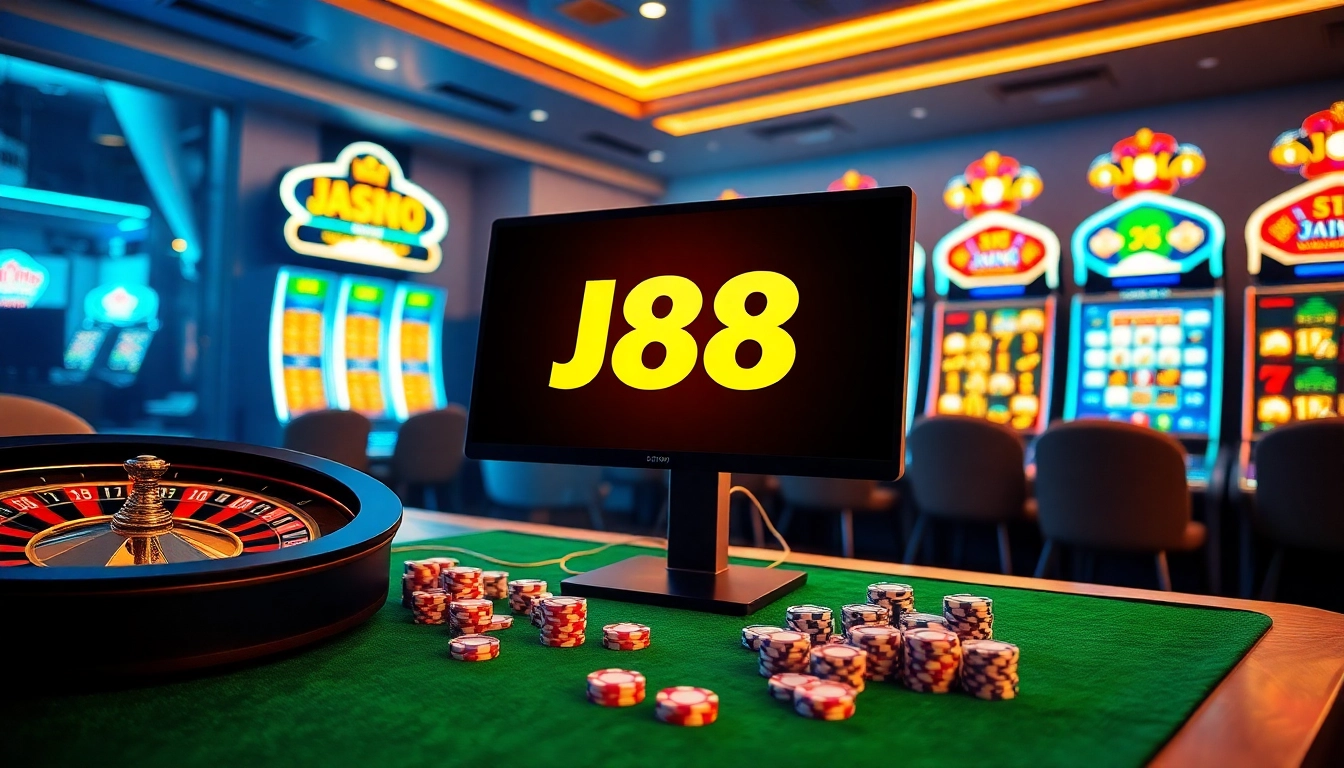 J88 đăng nhập interface displayed on a gaming PC amidst casino props like poker chips and roulette wheel.