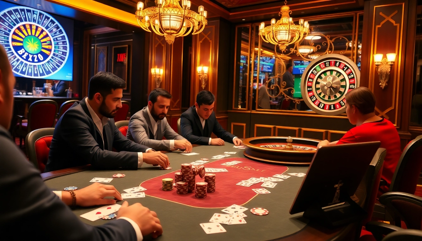 Bet88vn casino scene showcasing a high-stakes poker table with players, cards, and roulette in a luxurious setting.