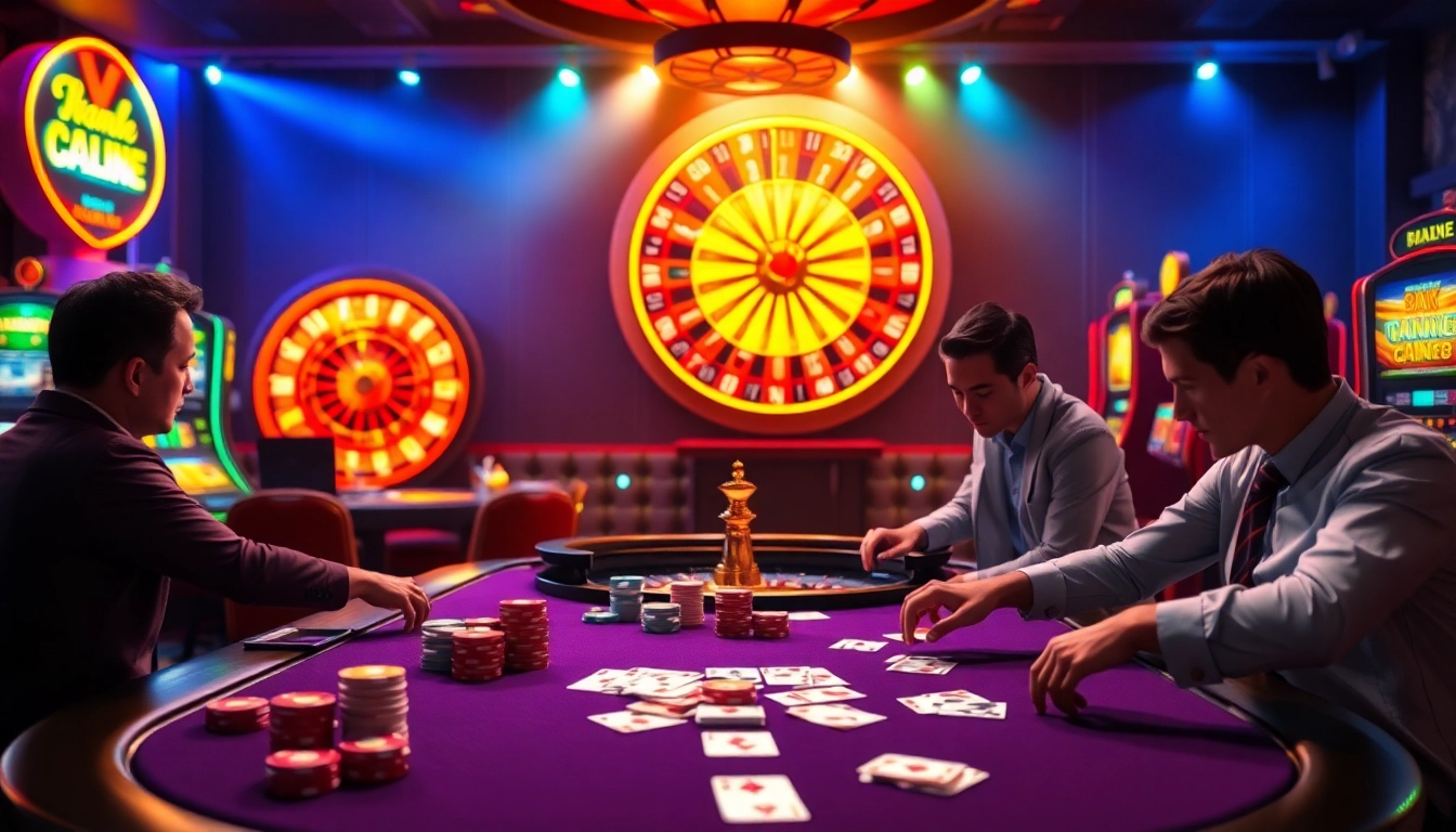 Experience the excitement of trang chủ rr88 with vibrant casino scenes featuring colorful slot machines and poker games.