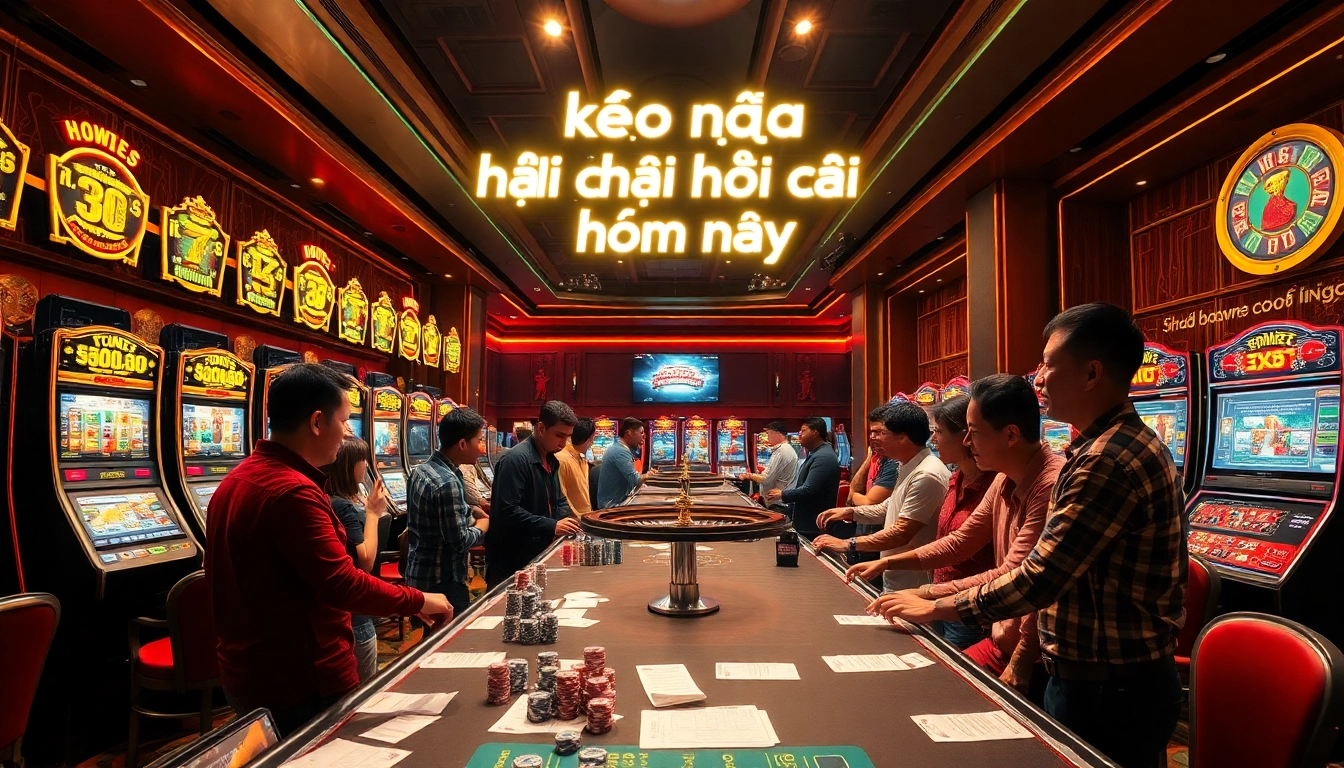 Kèo nhà cái hôm nay showcased in a lively casino setting with bettors at the table and illuminated slot machines.