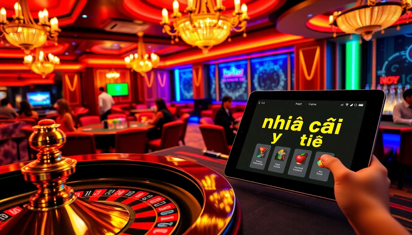 Experience the thrill of "Nhà cái uy tín" in a luxury casino, with players at a roulette wheel and poker action.