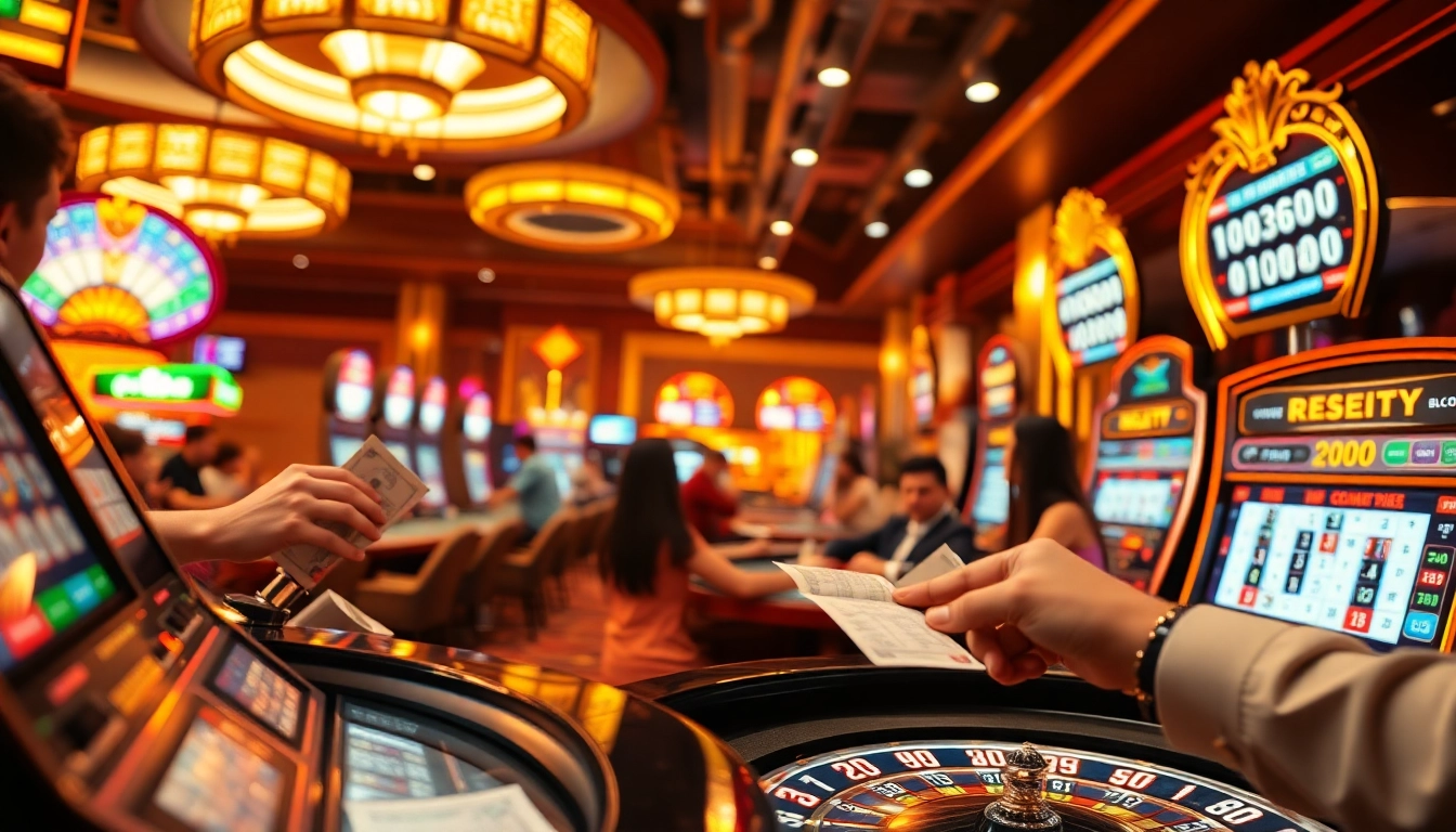 Experience the excitement of xổ số v9bet as players bet on colorful lottery games, anticipating big wins at a lively casino.