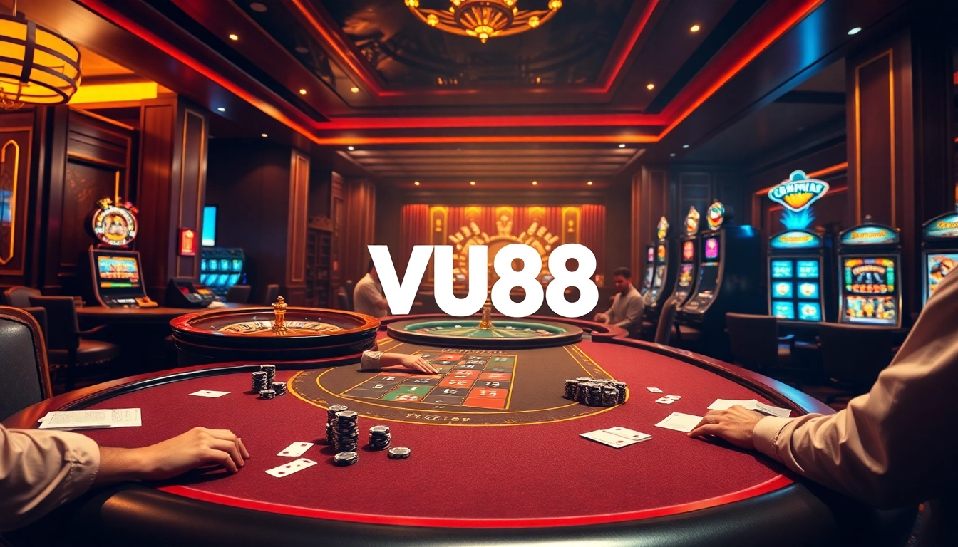 VU88’s exciting poker table setting showcasing vibrant chips and decks in a luxurious casino atmosphere.