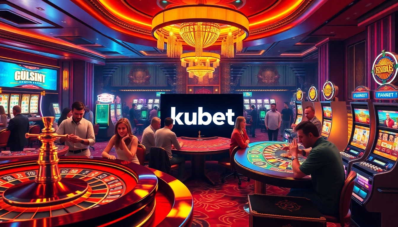 Excited players at a luxurious gaming table in kubet's vibrant casino atmosphere.