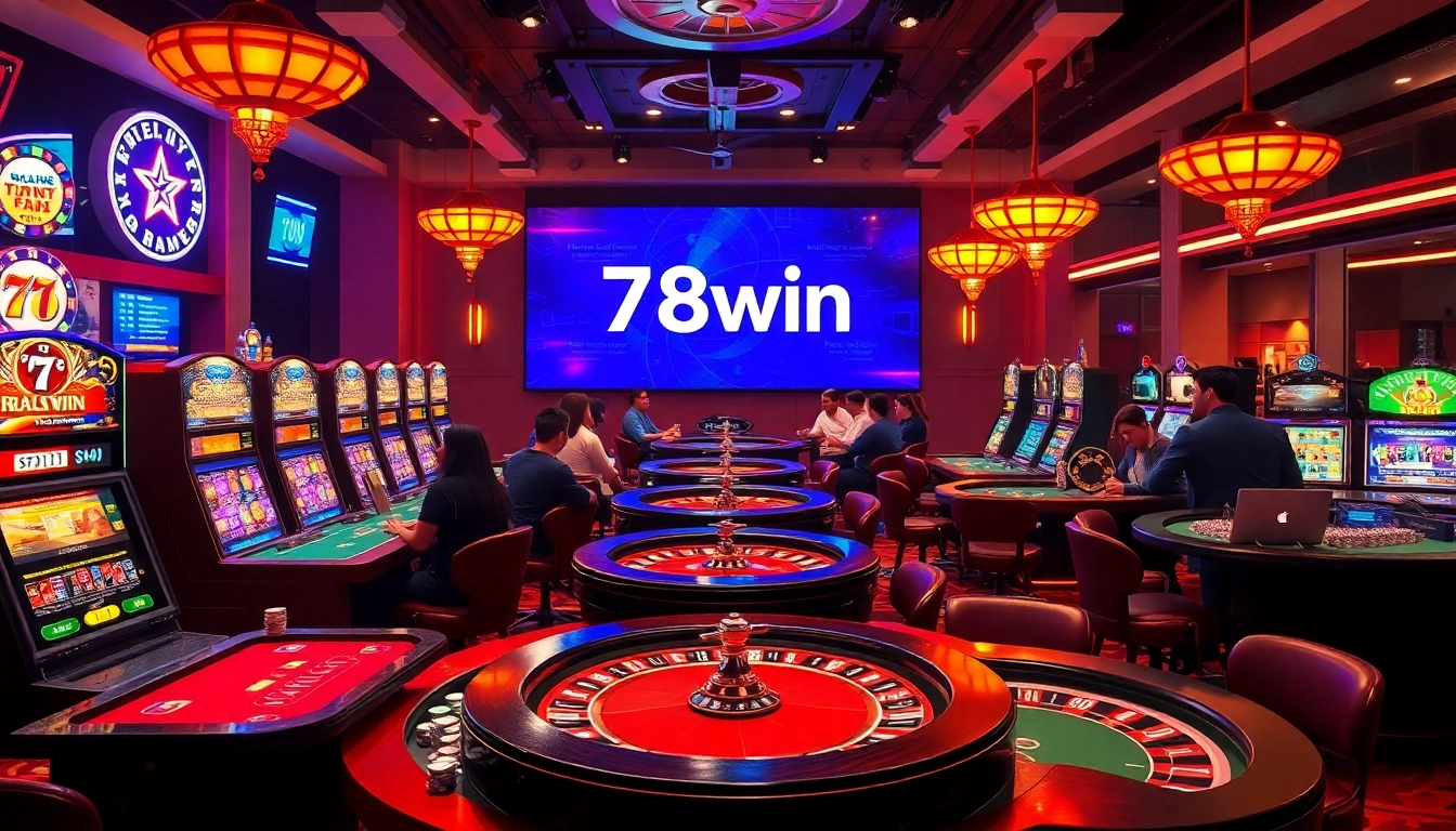 Online gambling scene at trang chủ 78win with players enjoying poker and slot machines.