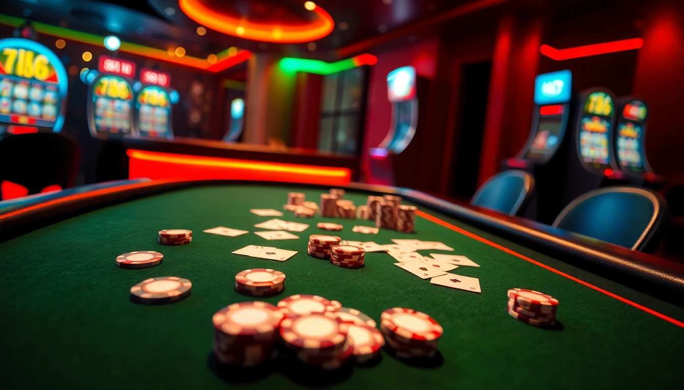 Explore deneme bonusu veren siteler in a lively online casino atmosphere, featuring gaming tables and vibrant colors.