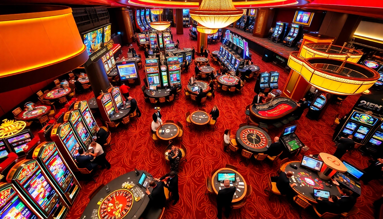 E2BET's thrilling casino floor showcasing vibrant slot machines, exciting players, and lively betting action.