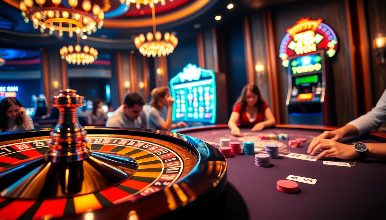 Players enjoying high stakes at a vibrant poker table in a 78 win casino setting.
