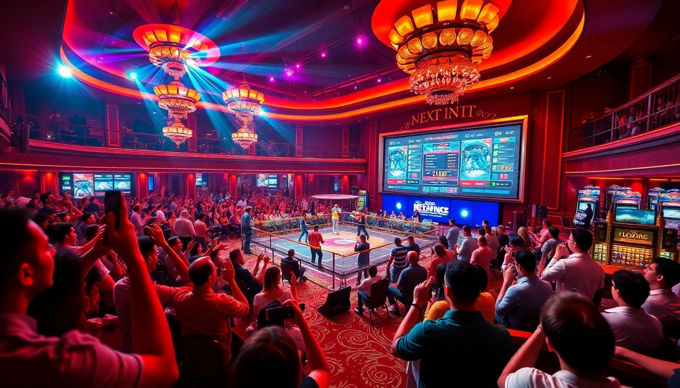 Witness the excitement of ĐÁ Gà Trực Tiếp live betting action in a luxurious casino setting with eager spectators.