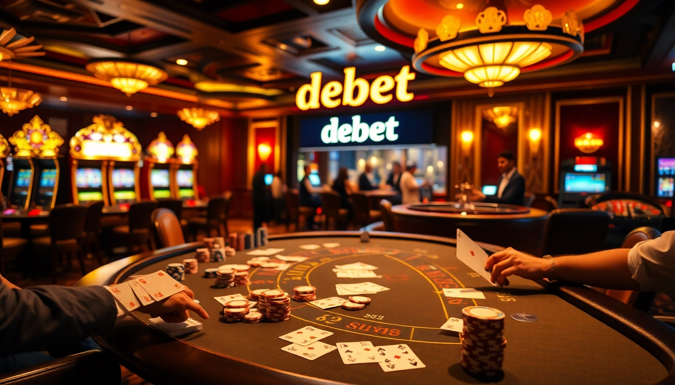 A vibrant casino scene where players engage at a blackjack table, demonstrating debet as they place exciting bets.