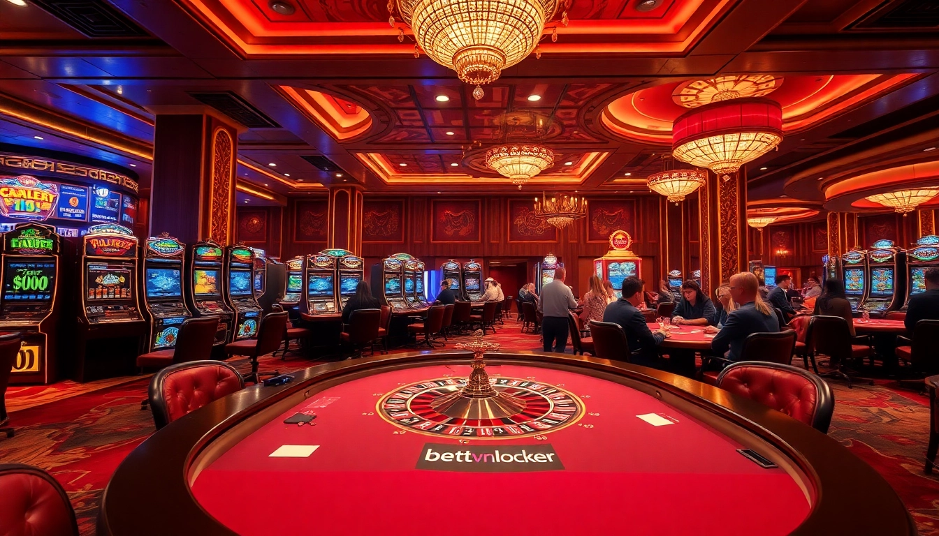 Experience thrilling moments at bet88vn.locker with eager players at poker tables in a lavish casino environment.