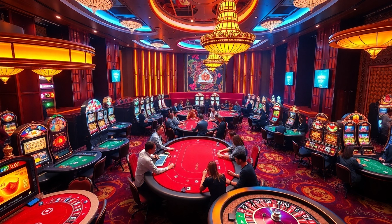 Experience the thrilling BJ88 thomo gameplay at a vibrant casino, where players engage in exciting betting action surrounded by dazzling slot machines.