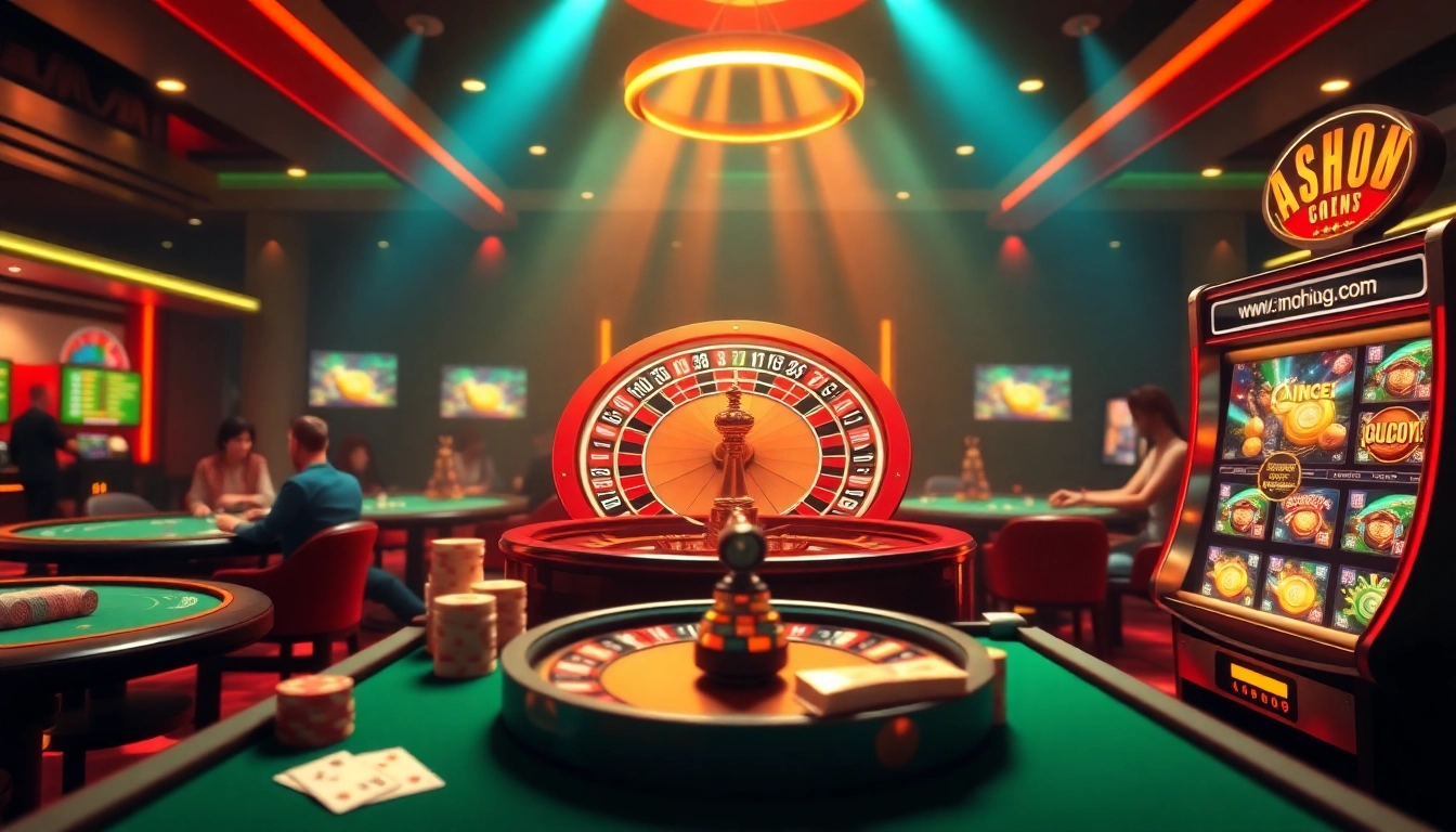 Experience the thrill of online gambling at https://nohu90g.com with vibrant casino scenes showcasing roulette and poker action.